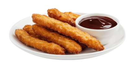 Crispy churros dusted with sugar served with cho te sauce on plate, perfect for dessert lovers. Enjoy sweet and crunchy treat