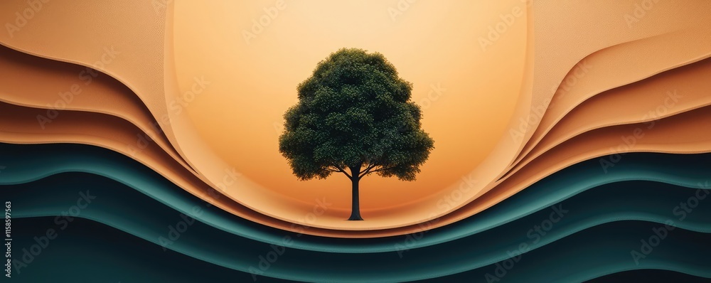 Poster Plane tree abstract background idea. A solitary tree silhouette against a vibrant abstract background of layered colors.