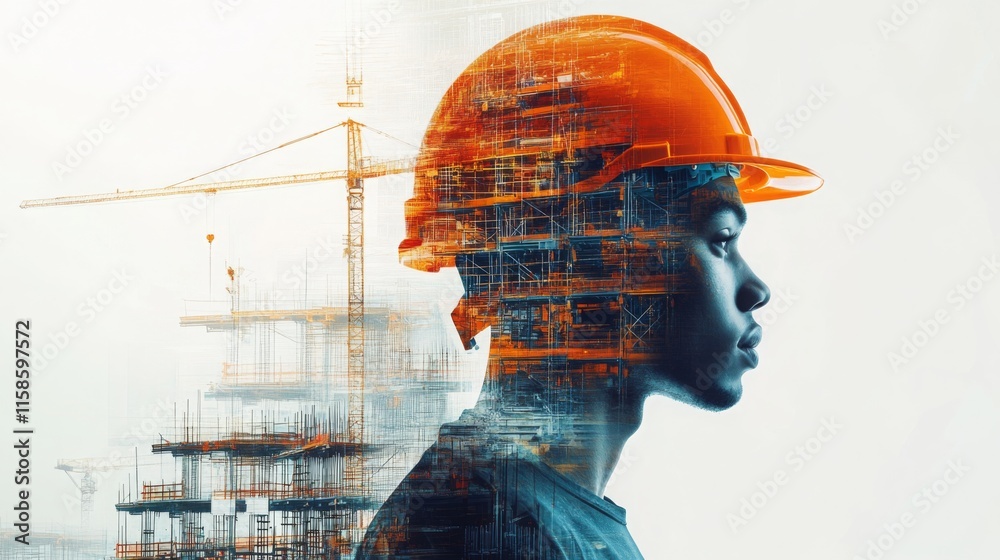 Aufkleber a construction worker wearing an orange hard hat stands in profile, merging with a vibrant graphic o