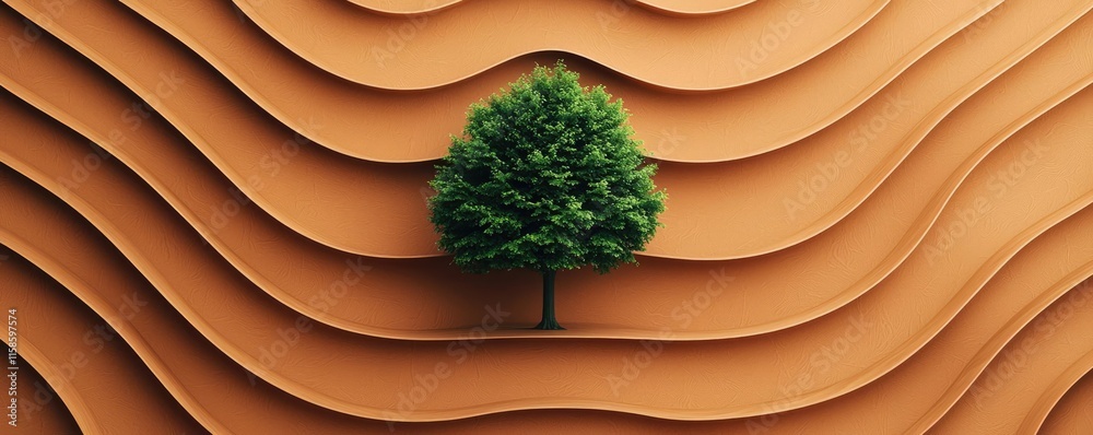Poster plane tree abstract background idea. a solitary tree stands resilient against a wavy, terracotta bac