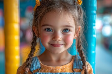 In the playground, a happy little girl grins widely as she swings