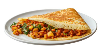 Crispy rice crepe filled with spiced potatoes and herbs, served on plate. This delicious dish is popular choice for breakfast or snack, offering delightful blend of flavors
