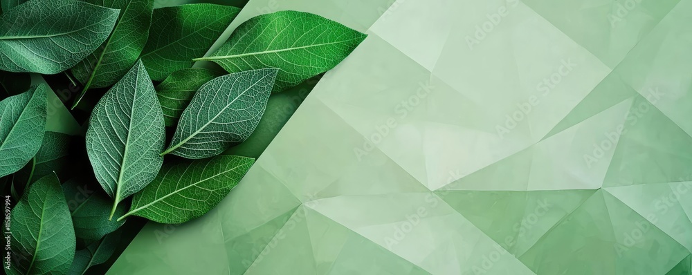 Poster sage leaves abstract background concept. beautiful green leaves with a geometric background for sere