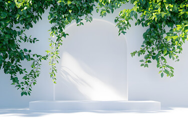 Obraz premium Lush greenery framing minimalist architecture serene outdoor space nature aesthetic tranquil environment inviting viewpoint