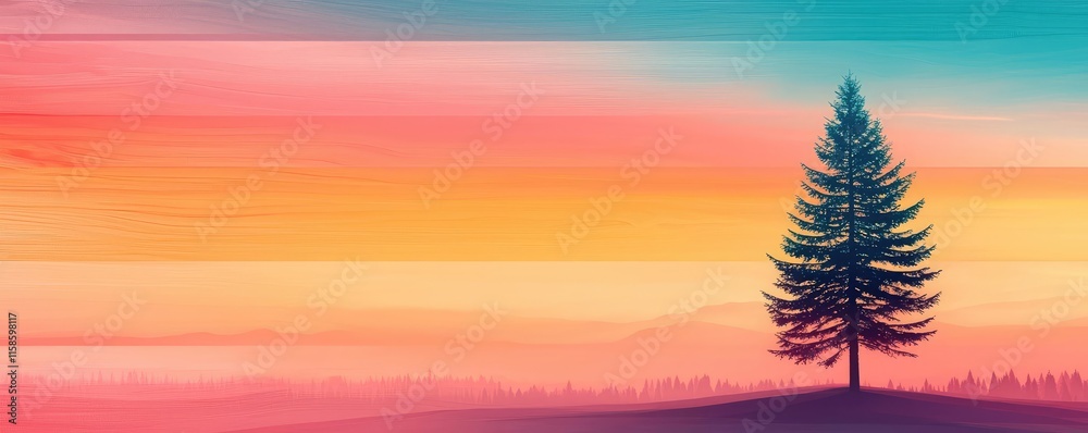 Poster pine tree abstract background idea. a vibrant sunset with a solitary tree silhouetted against colorf