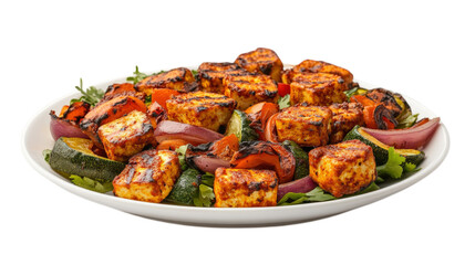 Delicious plate of grilled paneer tikka with colorful vegetables, showcasing vibrant colors and appetizing presentation. Perfect for healthy meal or gathering
