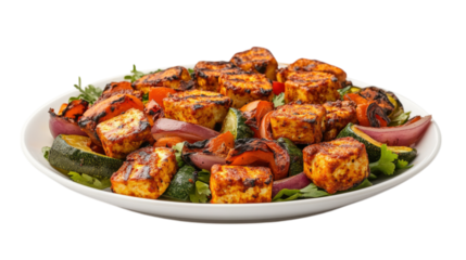 Delicious plate of grilled paneer tikka with colorful vegetables, showcasing vibrant colors and appetizing presentation. Perfect for healthy meal or gathering