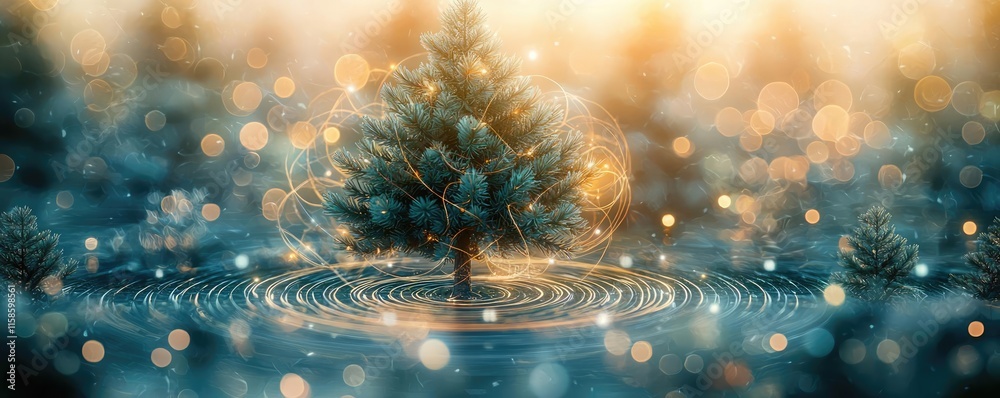 Poster pine tree abstract background idea. a serene landscape featuring a lone tree surrounded by dreamy, i