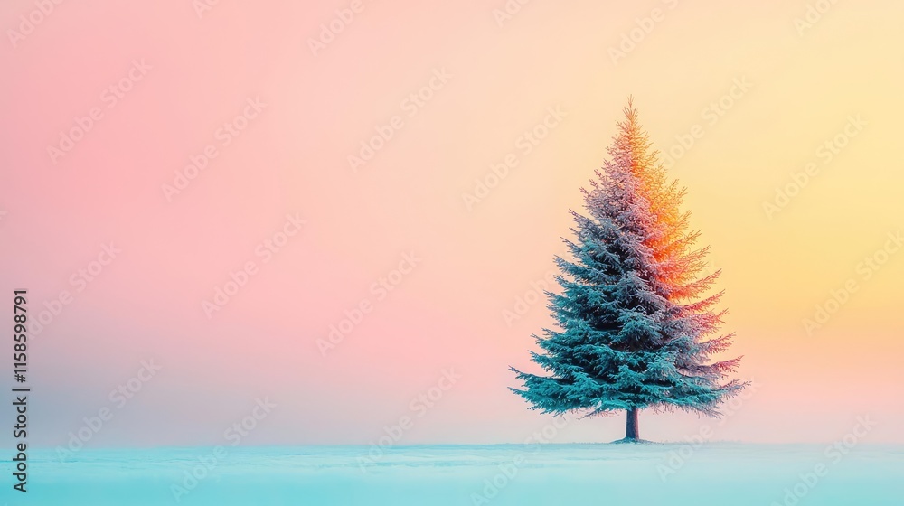 Poster pine tree abstract background idea. a solitary snow-covered tree against a pastel sunset sky.