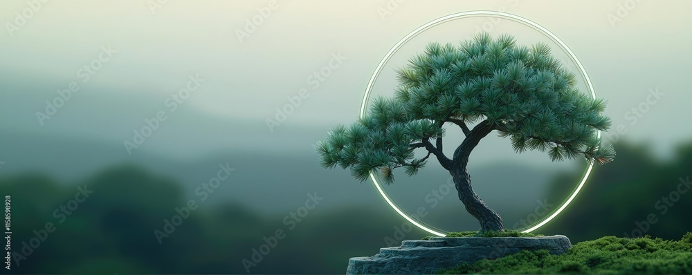 Poster Pine tree abstract background idea. A tranquil tree surrounded by a serene atmosphere and gentle lighting rays.