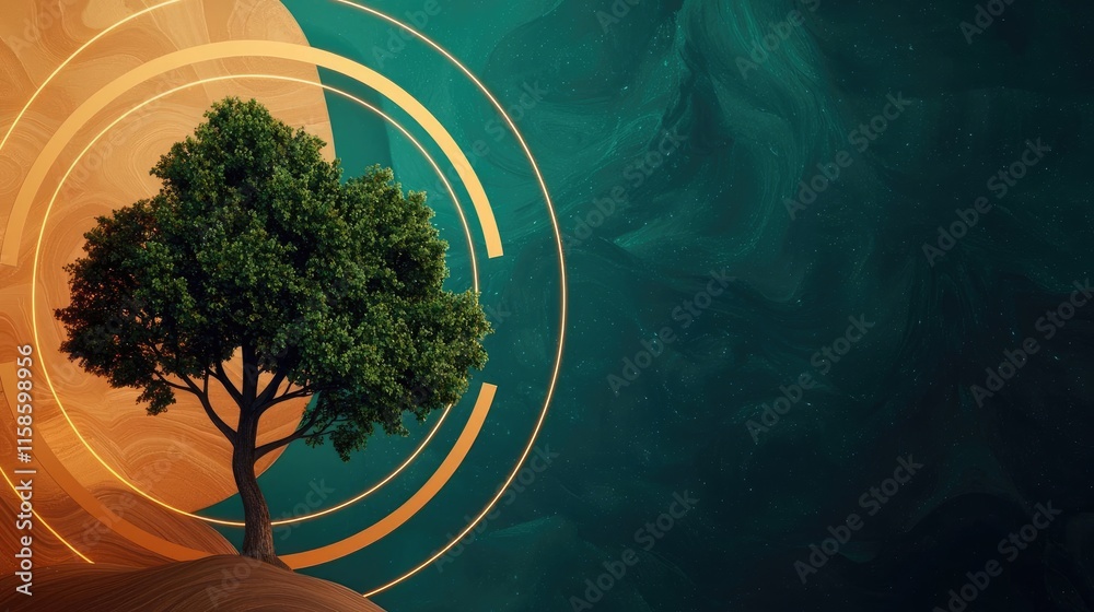 Poster Plane tree abstract background idea. A vibrant tree stands alone against a colorful abstract background, symbolizing nature.