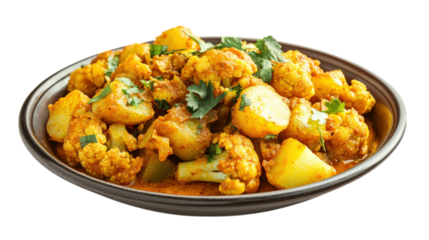 delicious serving of aloo gobi, featuring spiced potatoes and cauliflower, garnished with fresh herbs. This vibrant dish is perfect for comforting meal