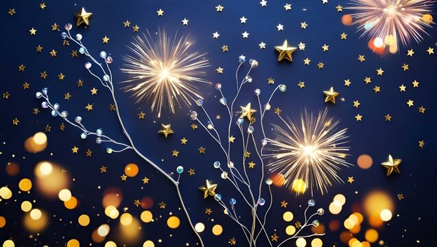 Christmas and New Year banner with Sparkler gold snowflakes and lights. Wallpaper,  Festive web, print design projects, mockup, web banners, holiday cards, CelebrationWallpaper.