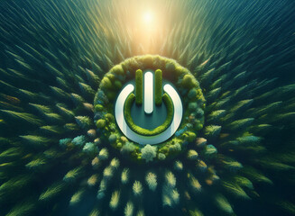 A power button symbol formed by lush greenery within a vibrant, radiating forest, suggesting eco-friendly energy.