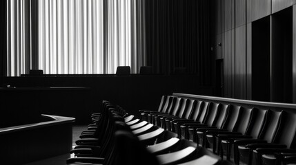 Fototapeta premium Corporate bankruptcy hearing room filled with solemn atmosphere, legal professionals and stakeholders discussing financial restructuring and future prospects.