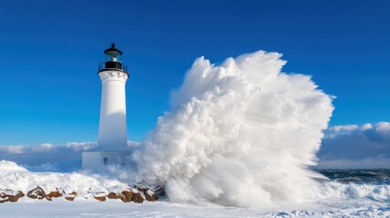 A lighthouse surrounded by crashing waves and snow.