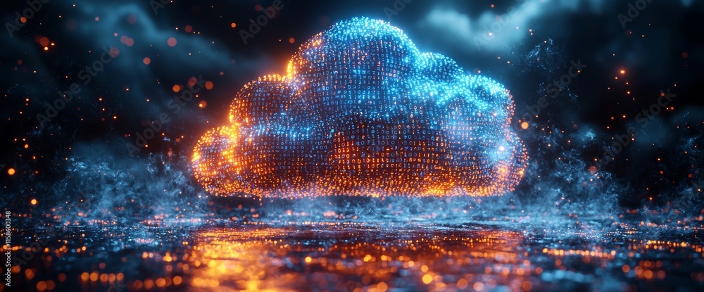 Poster an abstract digital background featuring cloud technology and binary code, showcasing the versatilit