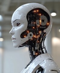 Fototapeta premium Female android head, circuitry visible.