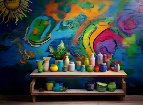 Vibrant abstract wall art featuring swirling colors and organic shapes serves as a backdrop to a collection of colorful glass vases and containers arranged on a wooden shelf.  The scene is bright, ecl