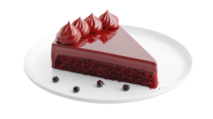 slice of red velvet cake with glossy frosting and decorative swirls, served on white plate. This dessert is perfect for celebrations and indulgent moments