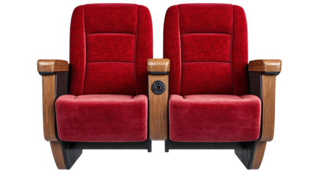 Luxurious red velvet theater seats with wooden armrests, perfect for cinematic experience. These plush seats offer comfort and style for any movie lover
