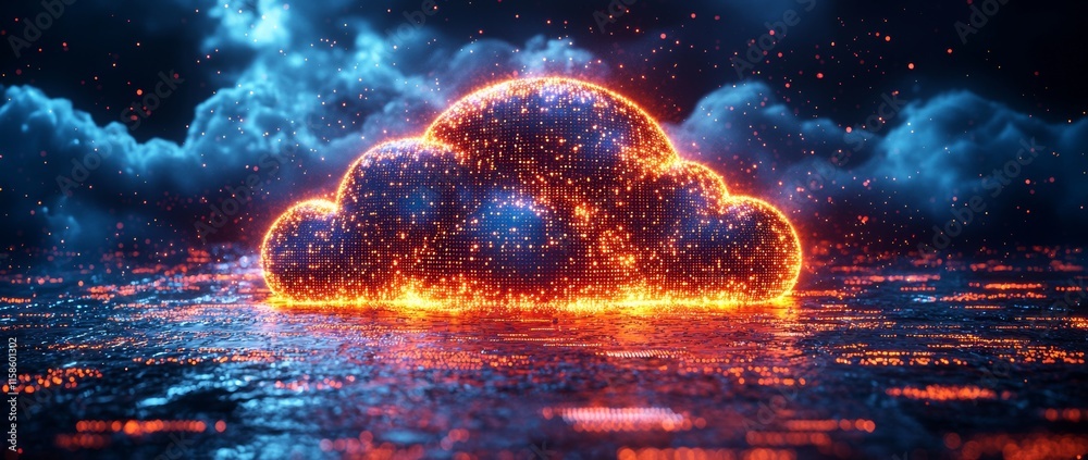 Poster an abstract digital background featuring cloud technology and binary code, symbolizing the strength 