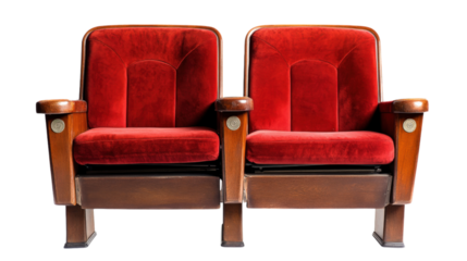 Red velvet theater seats with wooden armrests, perfect for vintage ambiance. These elegant chairs add touch of classic style to any space, inviting comfort and nostalgia