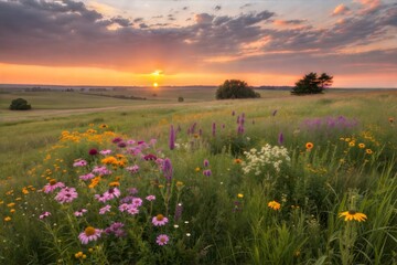 A Summer Prairie with Blooming Wildflowers Under a Warm Sunset Glow