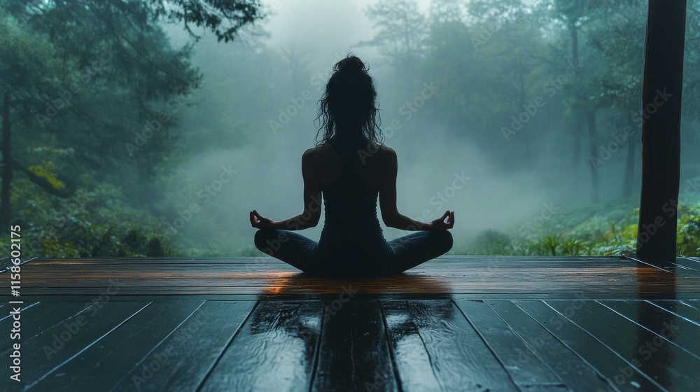 Aufkleber a person practices meditation on a wooden platform surrounded by lush greenery. the early morning fo
