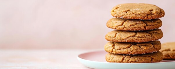 Pastel cookies concept. Delicious, freshly baked cookies stacked on a pastel plate, perfect for a sweet treat.