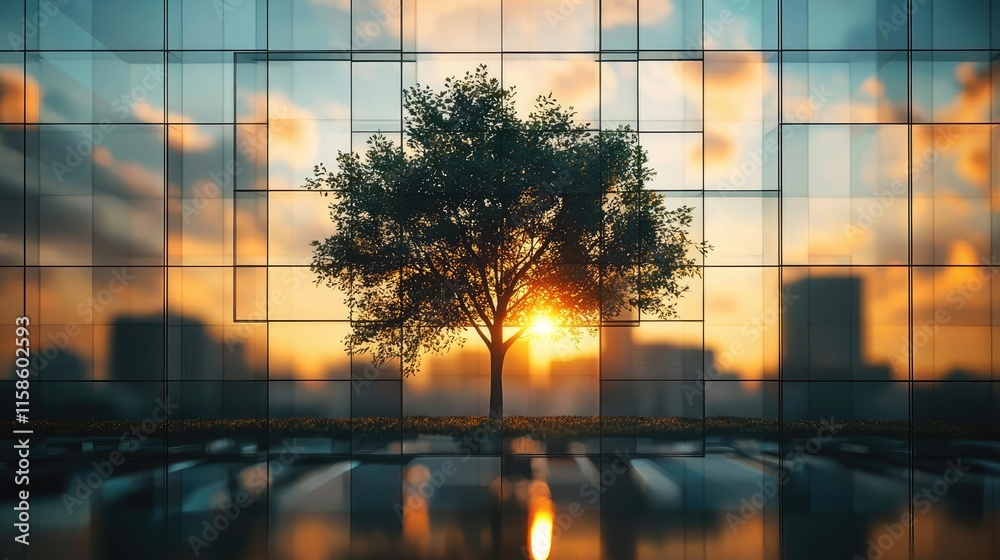 Poster plane tree abstract background idea. stunning sunset view with a tree silhouette against modern glas