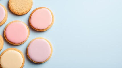 Pastel cookies idea. Delicious iced cookies in pastel colors on a light blue background.