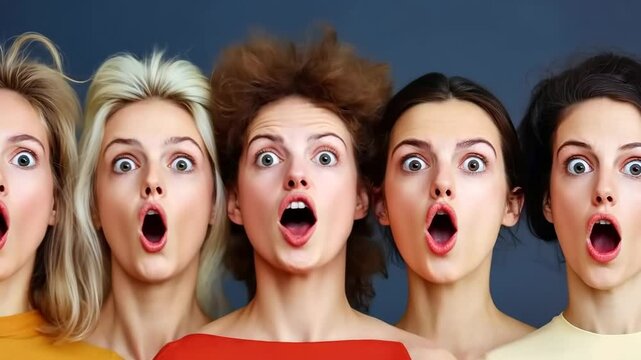 Group of women with different hair colors and one of them has her mouth open. Concept of surprise and excitement, as if the women are reacting to something unexpected or thrilling