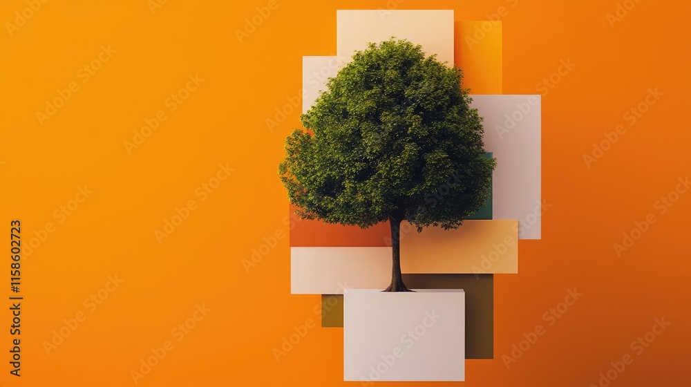 Poster plane tree abstract background idea. a vibrant tree design set against an orange backdrop, symbolizi