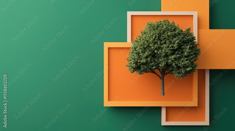 Poster Plane tree abstract background idea. A vibrant tree displayed within colorful frames on a green background.