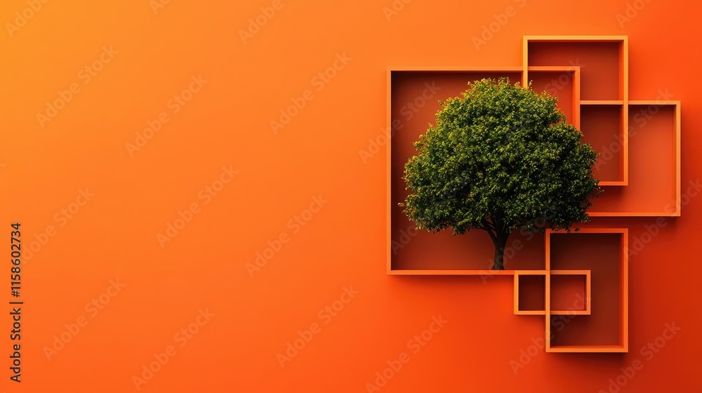 Poster Plane tree abstract background idea. A stylized tree design set against a vibrant orange background with geometric frames.