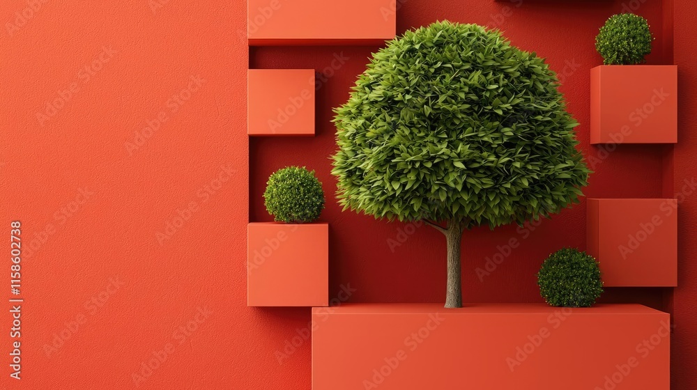 Poster plane tree abstract background idea. a vibrant green tree against a bold red background, showcasing 