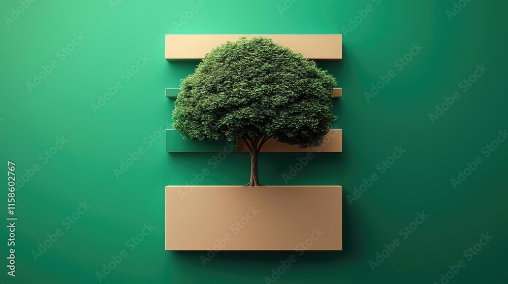 Poster Plane tree abstract background idea. Stylized tree design on vibrant green background with geometric elements.