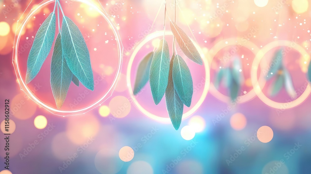 Poster Sage leaves abstract background concept. A vibrant display of leaves with soft bokeh effects and glowing circles in a dreamy setting.