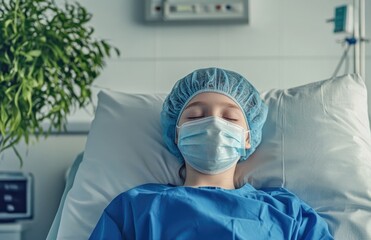 A child in a blue medical gown and mask is lying on a hospital bed, eyes closed. The background features white walls with some green plants, creating an atmosphere of peace and calm