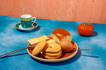 Breakfast kept in plate near coffee cup and tomato on table