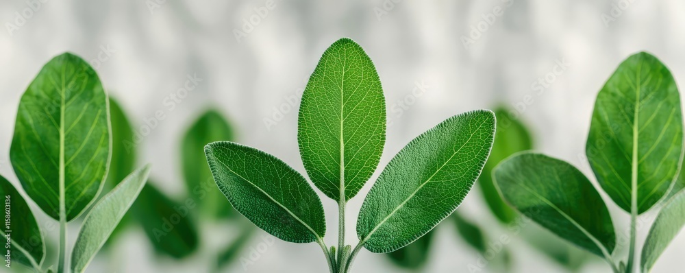 Poster Sage leaves abstract background concept. Close-up view of green leaves with a soft, blurred background for a fresh nature feel.