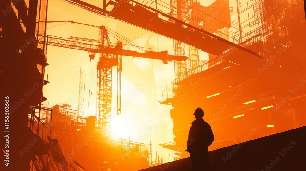 Poster a construction site is illuminated by a stunning sunset, casting an orange glow over the structures 