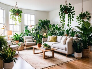 A bright and inviting living room filled with an array of indoor plants, creating a vibrant and refreshing atmosphere.