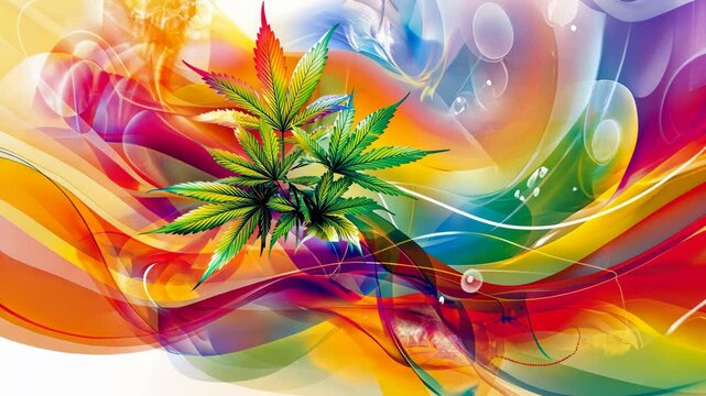 Colorful abstract design featuring cannabis leaves with vibrant swirling patterns and bright hues creating a lively atmosphere