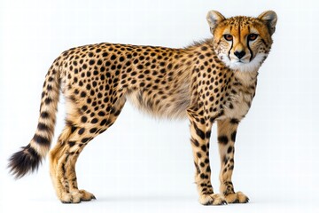 Fototapeta premium A cheetah stands elegantly, showcasing its distinctive spotted coat and slender body on a white background, embodying speed and grace in the animal kingdom.