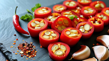 Close up of sliced red chili peppers with garlic and chili flakes on a dark surface.  Culinary, food photography concept.