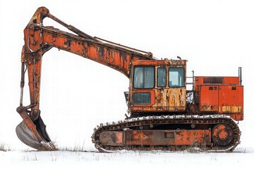 An old, rusty excavator with a distinctive orange color, parked on a snowy landscape, showcasing signs of wear and age.
