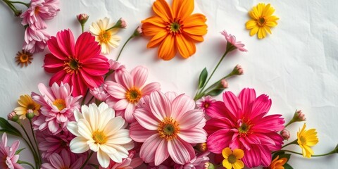 Colorful and delicate spring flowers blooming on a paper background, composition, beautiful