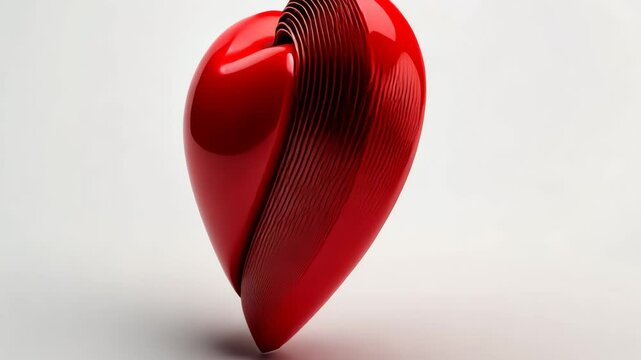 Red heart made of paper is on a white background. The heart is made of many strips of paper, and it looks like it is made of a single piece of paper. The heart is the main focus of the image